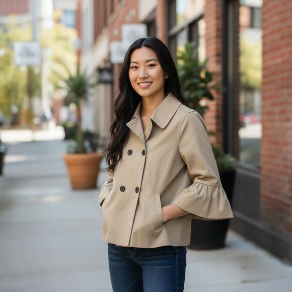 Draper James Women's Jacket Size 4 Tan Double Breasted Bell Sleeve Classic Chic - Picture 1 of 8